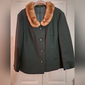 Vintage Dark Green Coat Wool Linen Mink Collar Modell 1950s